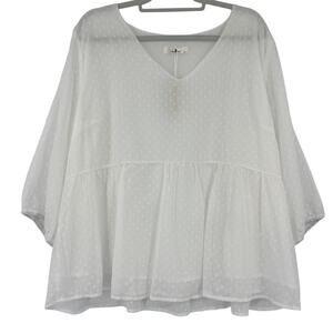 Agnes Orinda Swiss Dot Top Sz 3X White Cottage Boho Sheer Daintly Peplum Flowy